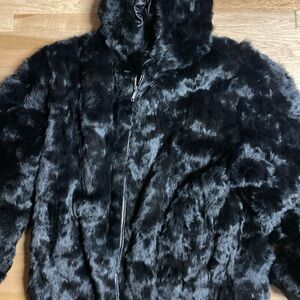 Gorgeous* Tim Baker NY Leather/ Fur Coat W/ Hood 6xl Black Soft And Luxurious